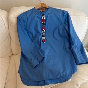 Tory Burch Beaded Blue Snap Tunic Shirt